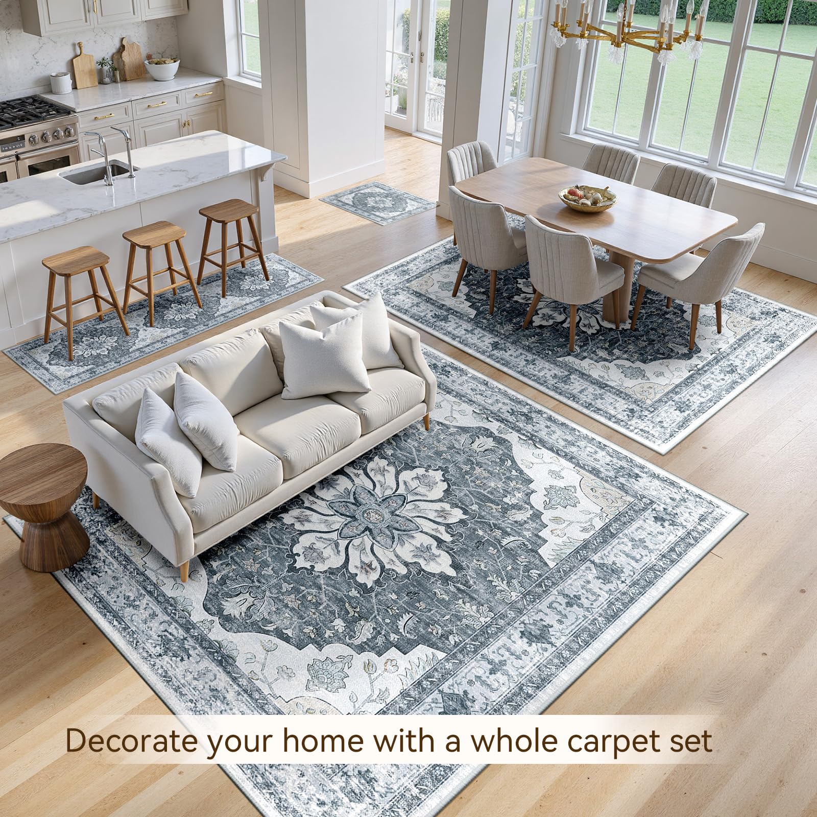 RELEANY Washable Area Rug, Runner 2'x8', Grey/White/Beige