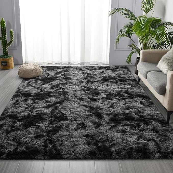 Deerhoo Large Shag Area Rugs 5 x 8, Tie-Dyed Plush Fuzzy Rugs for Living Room, Ultra Soft Fluffy Furry Rug for Bedroom, Indoor Carpet Nursery Rugs for Kids Room Home Decor, Dark Grey
