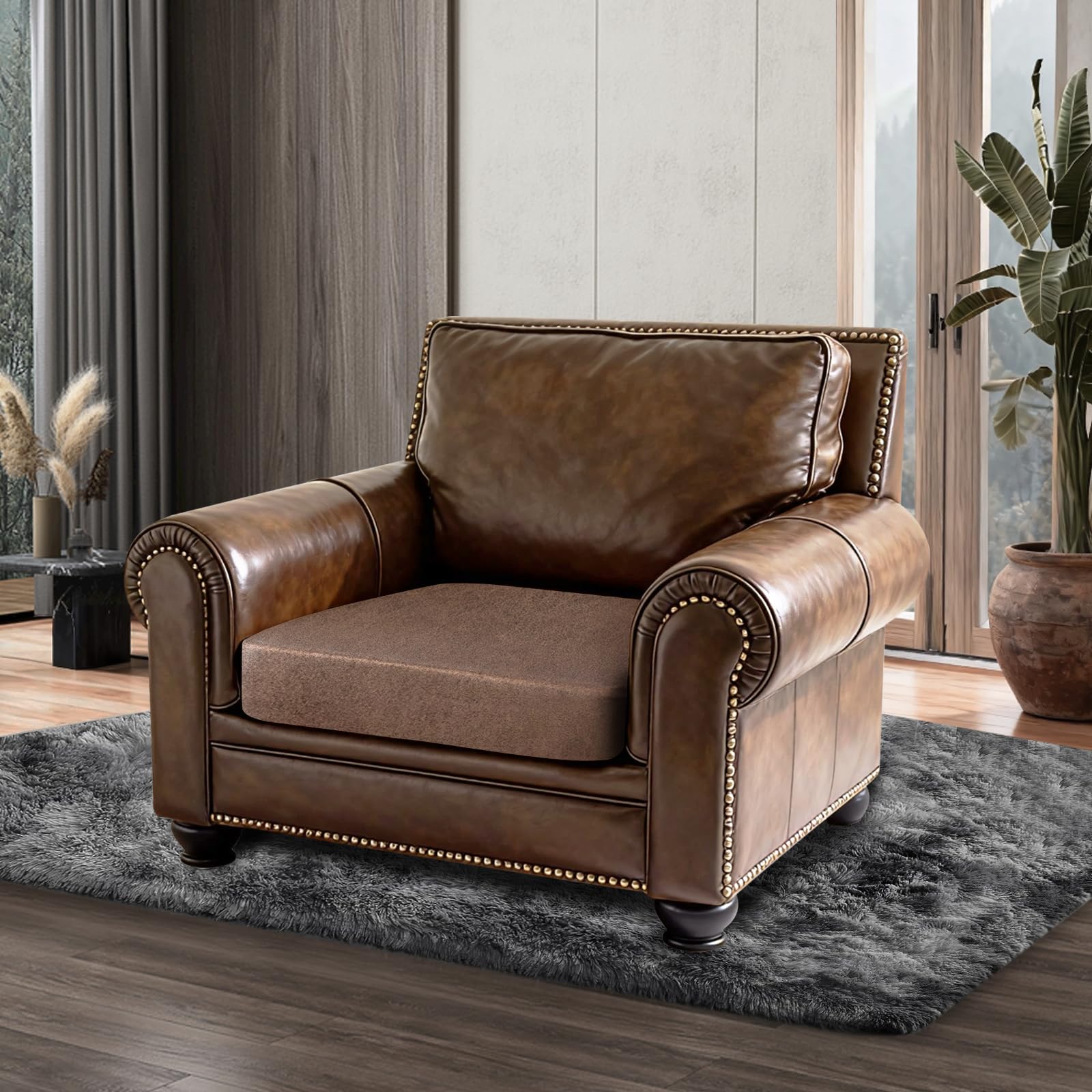 ANARACHON Leather Look Couch Cushion Covers Sofa Seat Slipcovers Sets Couches Furniture Protector for Sectional Armchair Loveseat Pets Kids Stretch Spandex Fabric (1 Cushion Armchair, Brown)
