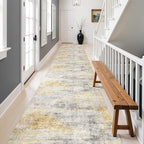 3x20 Washable Kitchen Runner Rug: Modern Abstract Runners for Hallway Soft Non Slip Rugs with Rubber Backing Low Pile Thin Floor Carpet for Entryway Bedroom Bathroom Bedside Indoor(Grey/Yellow,3x20)