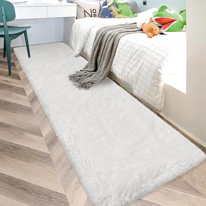 JiaoBaba Runner Rug for Bedroom White 2x10ft Fluffy Area Rug Bedside Runner Rug for Kids Room Boys Teens Nursery Baby Living Room Dorm Home Decor Carpets Kid Sbedroom Rug