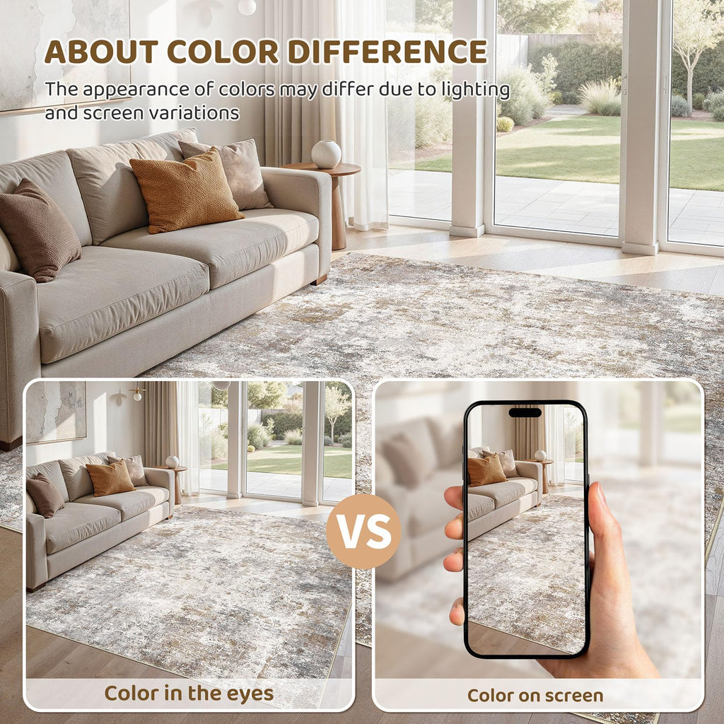 UERMEI 9x12 Area Rug Living Room Rugs - Washable Neutral Modern Abstract Soft Thin Large Rug Indoor Floor No Slip Rug Carpet for Bedroom Under Dining Table Home Office Decor - Brown Grey