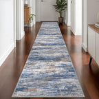 KOZYFLY Modern Abstract Washable Rug Runner 2.6x14 Hallway Rug Runner Non-Slip Soft Kitchen Runner Rugs, Blue Rust Striped Carpet for Entryway Bathroom Laundry Room Foyer