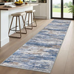 KOZYFLY Modern Abstract Washable Rug Runner 2.6x10 Hallway Rug Runner Non-Slip Soft Kitchen Runner Rugs, Blue Rust Striped Carpet for Entryway Bathroom Laundry Room Foyer