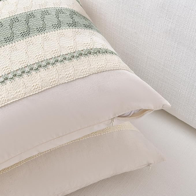 Fancy Homi Set of 1 Sage Green Boho Lumbar Decorative Throw Pillow Covers 12x20 Inch for Living Room Bedroom Couch Bed Chair, Rustic Retro Cushion Case, Bohemian Room Home Decor