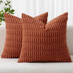 MIULEE Pack of 2 Rust Corduroy Decorative Euro Sham Pillow Covers 24x24 Inch Soft Boho Striped Throw Pillow Covers Modern Farmhouse Home Decor for Summer Sofa Living Room Couch Bed
