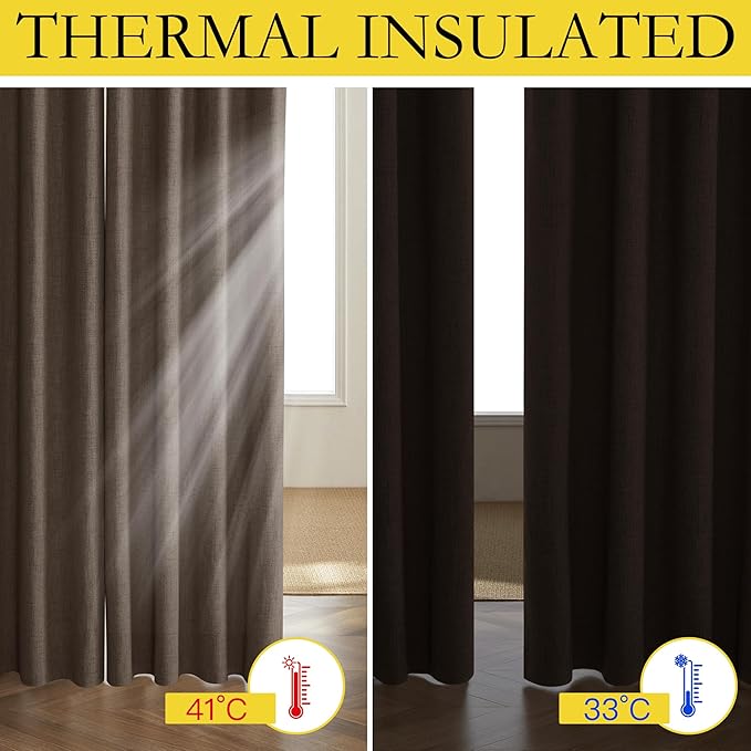 NICETOWN Coffee Vintage Linen 100% Blackout Curtains for Living Room, Thermal Insulated Curtains 90" Long, Noise Reducing Window Treatment Drapes for Hall Room, 42" Wide Per Panel, Set of 2