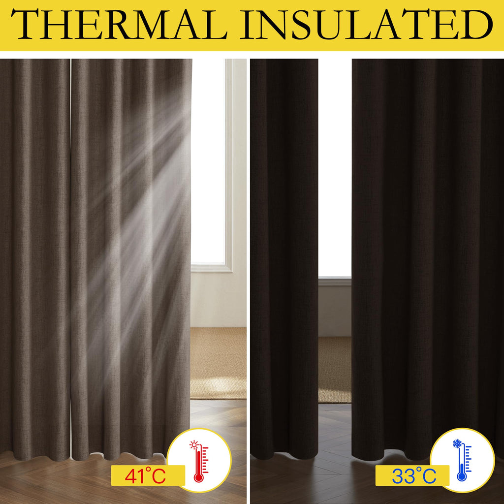 NICETOWN Coffee Vintage Linen 100% Blackout Curtains for Living Room, Thermal Insulated Curtains 45" Long, Noise Reducing Window Treatment Drapes for Hall Room, 52" Wide Per Panel, Set of 2