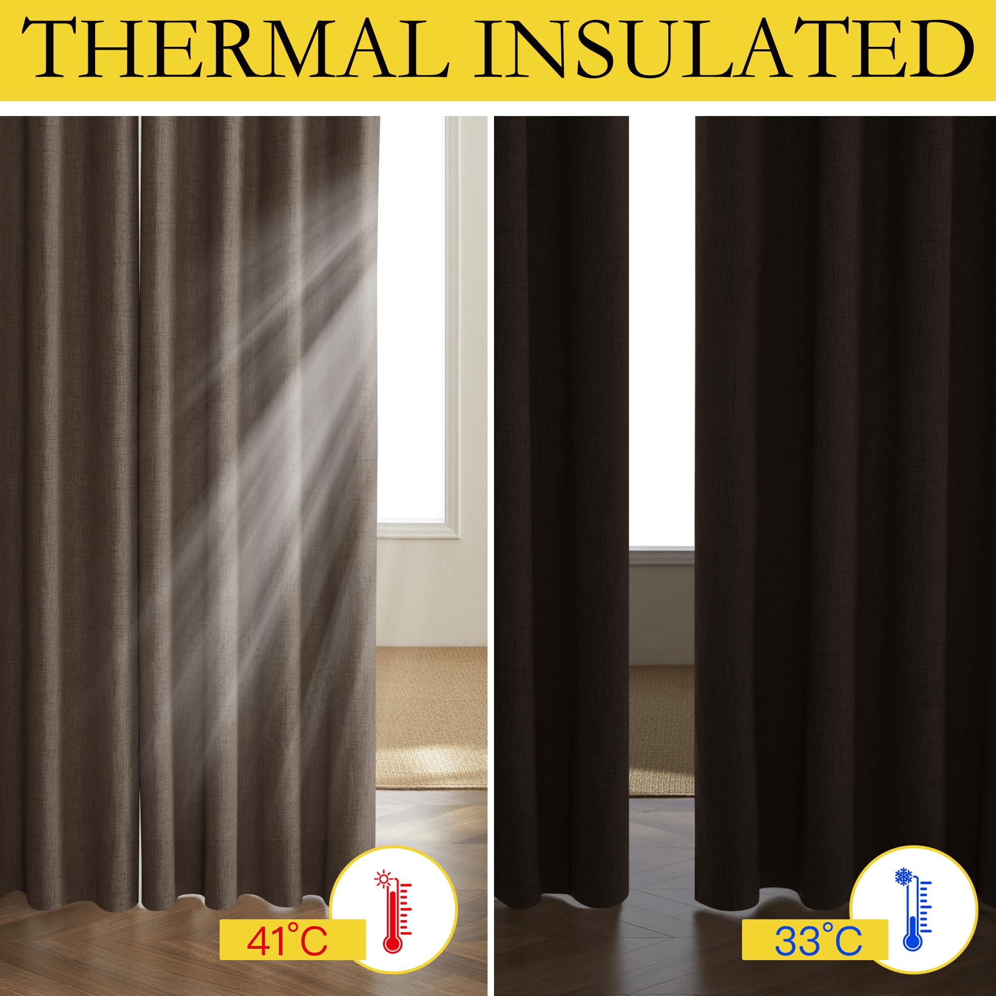 NICETOWN Coffee Vintage Linen 100% Blackout Curtains for Living Room, Thermal Insulated Curtains 45" Long, Noise Reducing Window Treatment Drapes for Hall Room, 52" Wide Per Panel, Set of 2