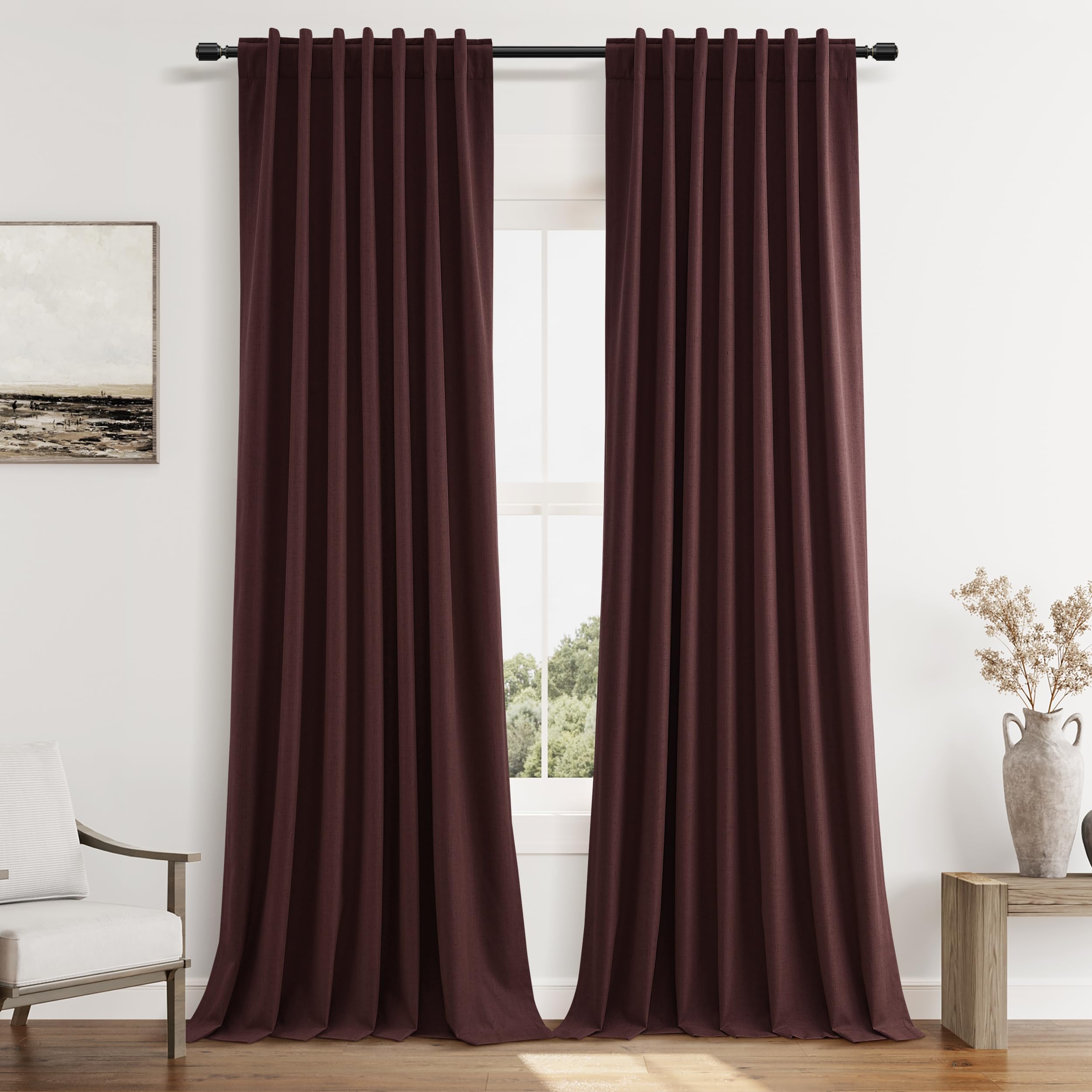 Guken 100% Blackout Curtains 90 Inch Length 2 Panels Set for Living Room Bedroom Back Tab Thermal Insulated Black Out Linen Drapes Room Darkening Reddish Brown,52x90