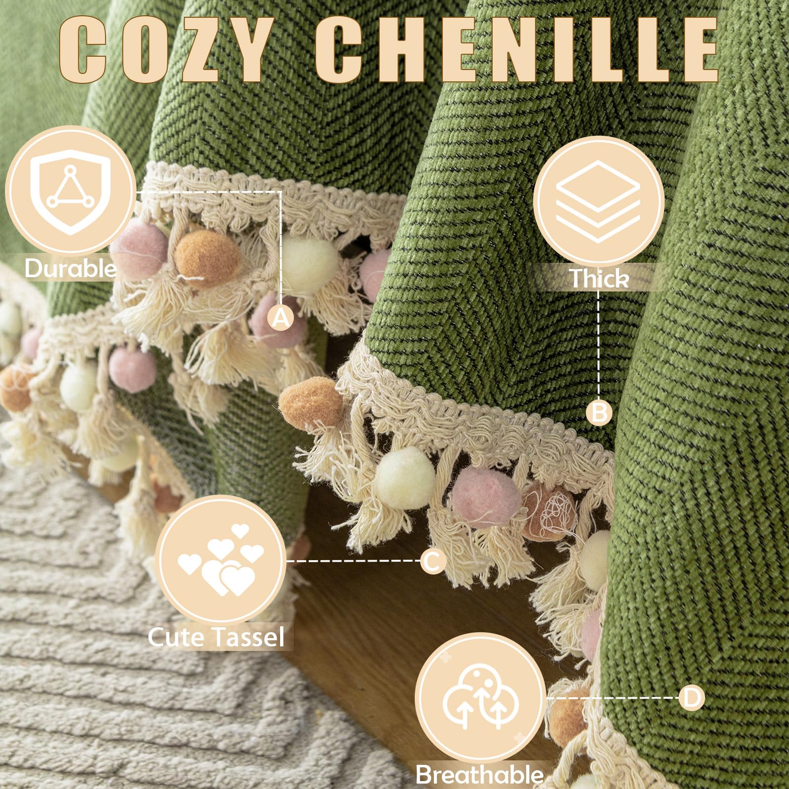 HANDONTIME Green Sofa Cover Vintage Couch Cover for Dogs 91" X134" Couch Cushion Covers with Tassel Herringbone Sofa Cover Boho Sofa Covers for 3 Cushion Couch Chenille Soft Loveseat Sofa Covers