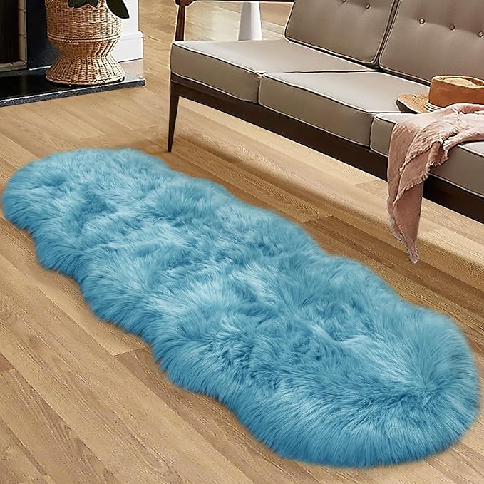 Tangsoo 2x6 Sky Blue Faux Fur Rug,Soft Sheepskin Runner Rug for Bedroom