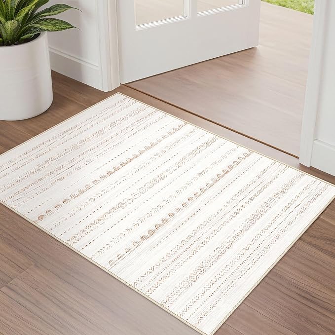 Nakagishi Boho 2x3 Washable Area Rug Non Slip Carpet for Entryway Beige