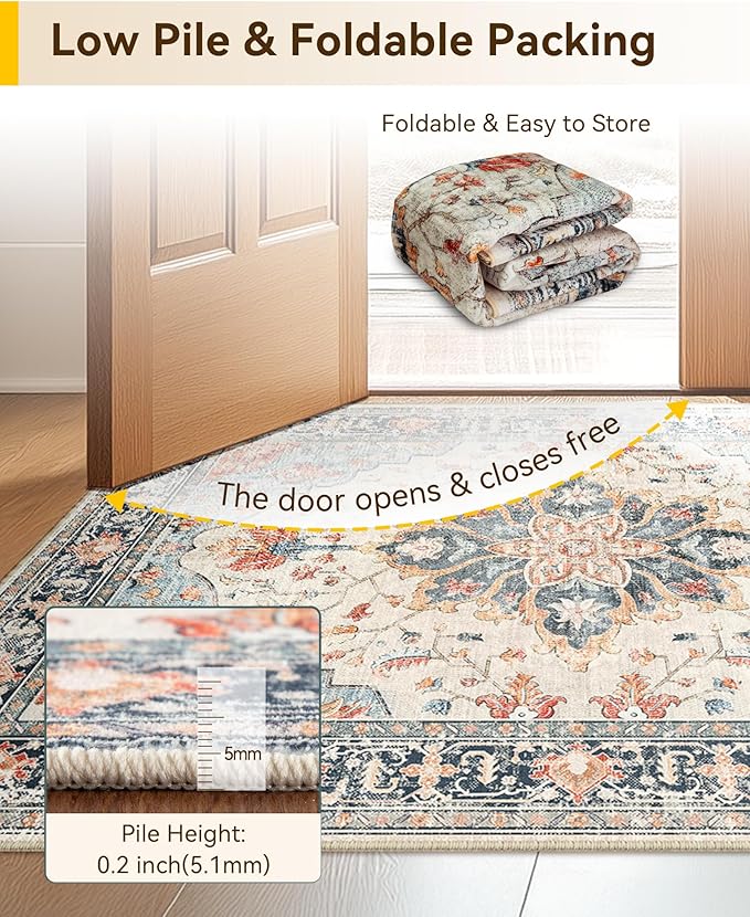 RELEANY Washable Area Rug, Small 2'x4', Beige/Blue/Orange