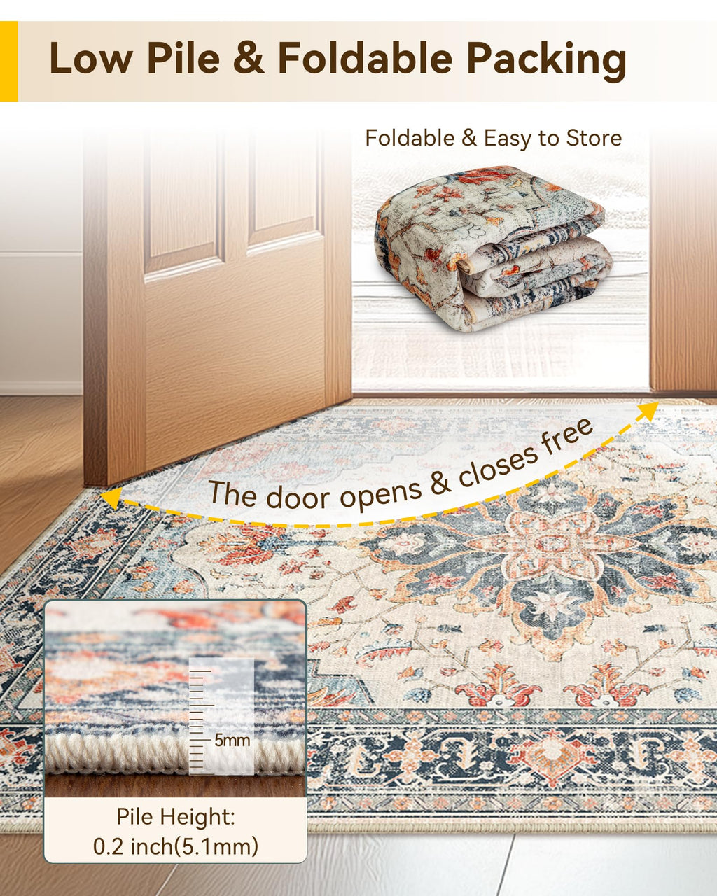 RELEANY Washable Area Rug, Small 2'x3', Beige/Blue/Orange