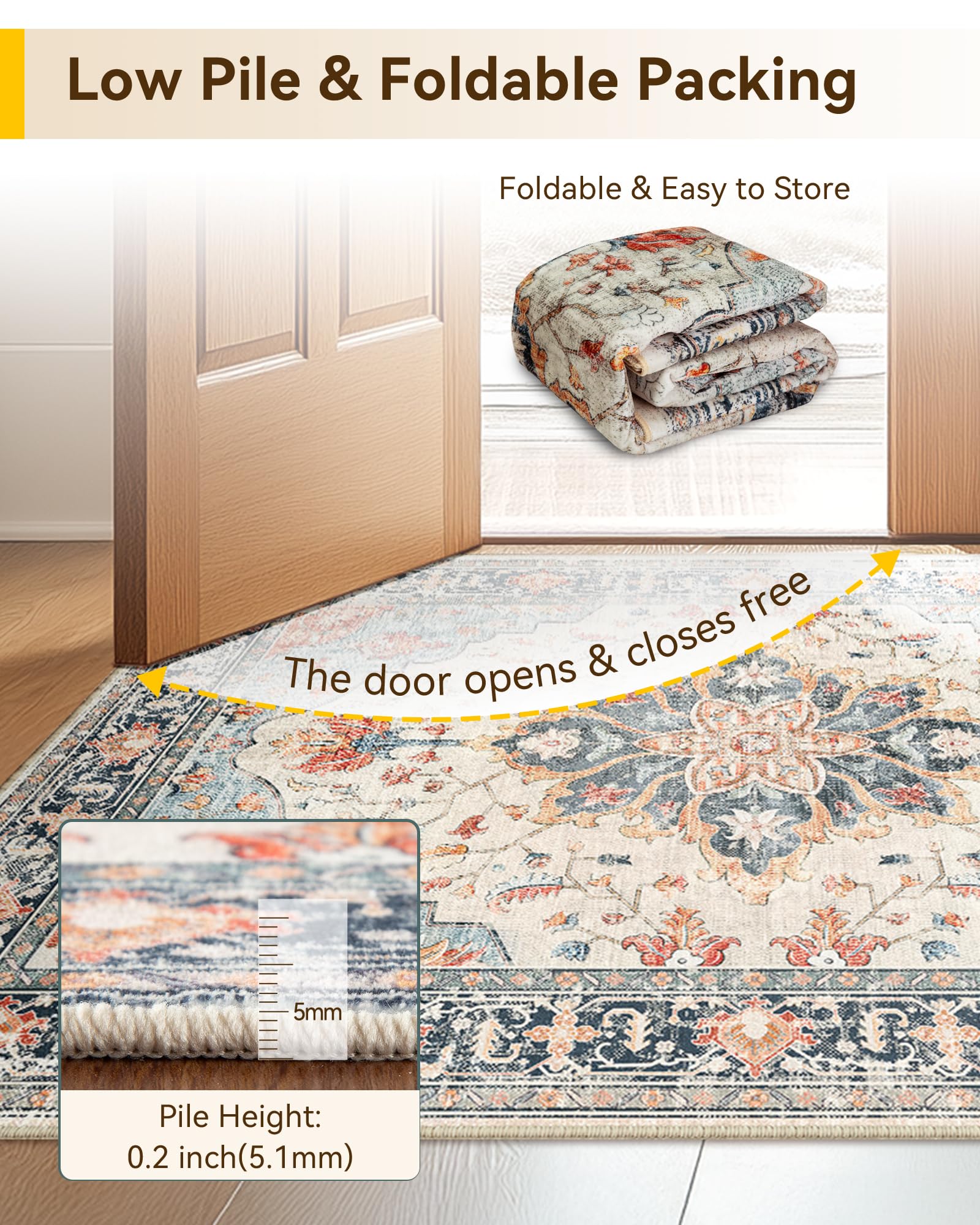 RELEANY Washable Area Rug, Small 2'x3', Beige/Blue/Orange