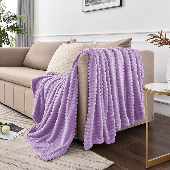 BEDELITE Fleece Blanket Twin Size – 3D Ribbed Jacquard Soft and Warm Decorative Fuzzy Blankets – Cozy, Fluffy, Plush Lightweight Throw Blankets for Couch, Bed, Sofa(Lavender, 60x80 inches)