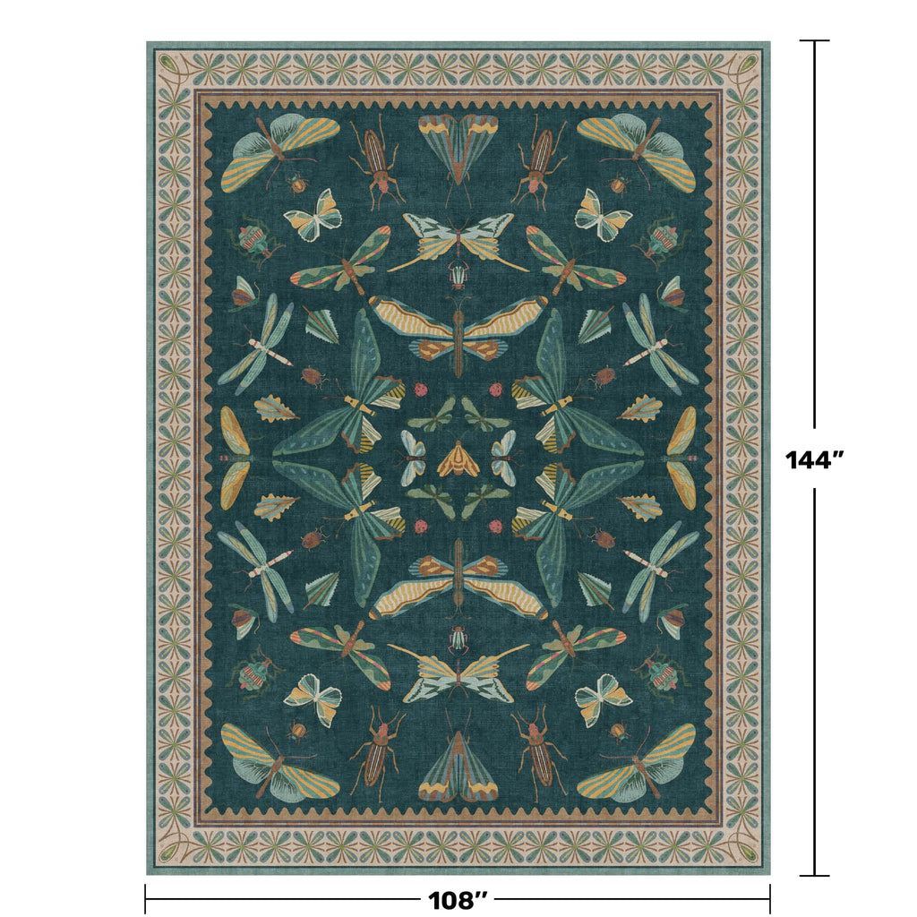 Hazo Haus 9x12 Large Living Room Rug - Dark Teal Multi Dining Room Rugs for Under Table, Bedroom, Kids Room, Classroom, Insect Butterfly Floral Décor, Lightweight Non Slip Low Pile