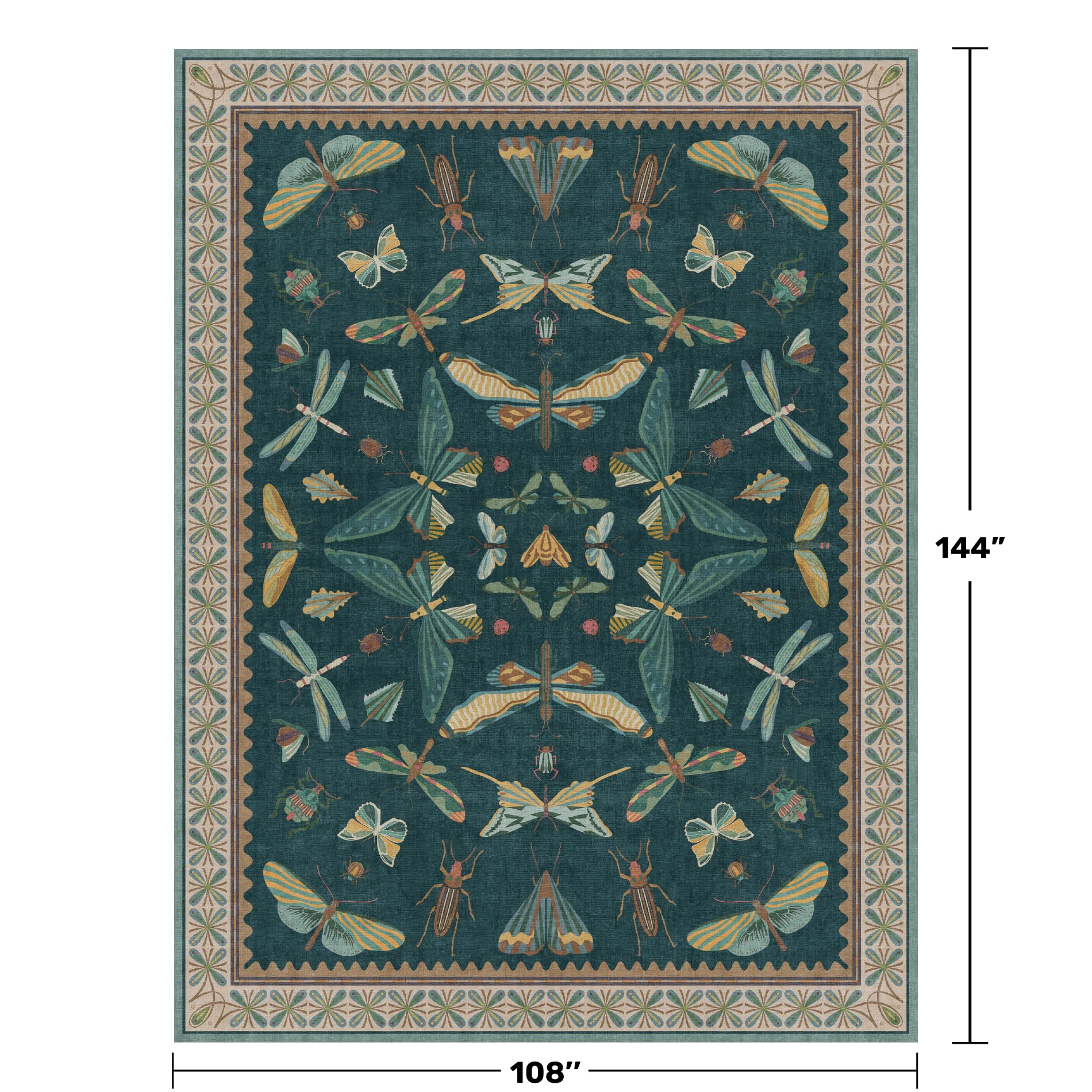 Hazo Haus 9x12 Large Living Room Rug - Dark Teal Multi Dining Room Rugs for Under Table, Bedroom, Kids Room, Classroom, Insect Butterfly Floral Décor, Lightweight Non Slip Low Pile