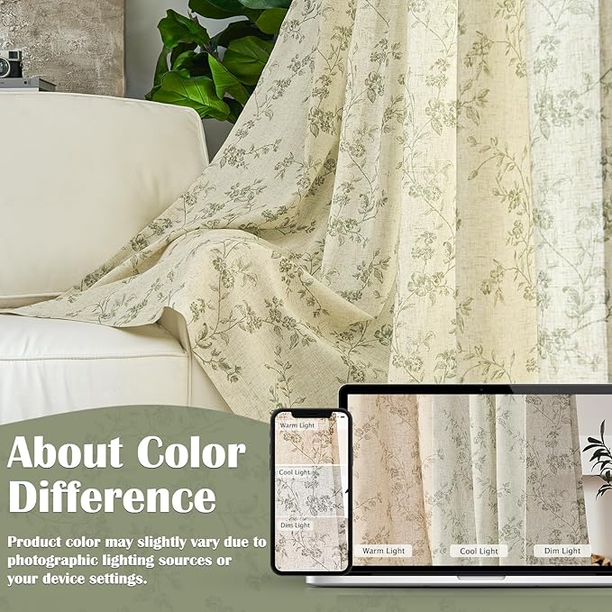 Lazzzy Green Vintage Floral Linen Curtains Farmhouse 38W X 90L 2 Panels