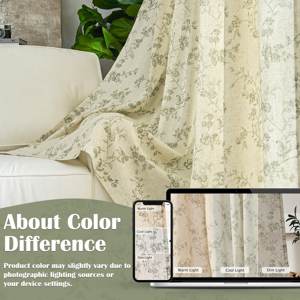 Lazzzy Green Vintage Floral Linen Curtains Farmhouse 50W X 90L 2 Panels