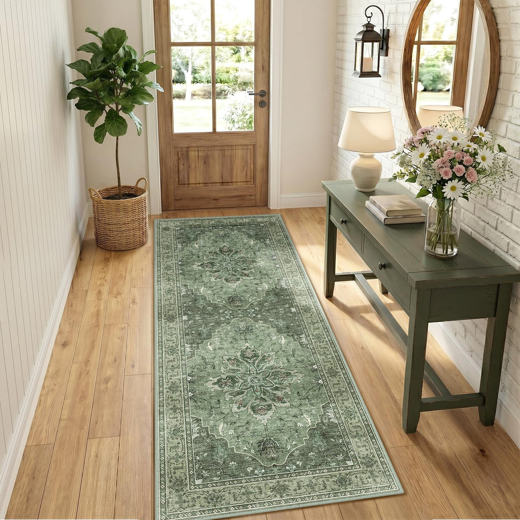 RELEANY Washable Area Rug, Runner 3'x8', Green/Dark Green/Gray