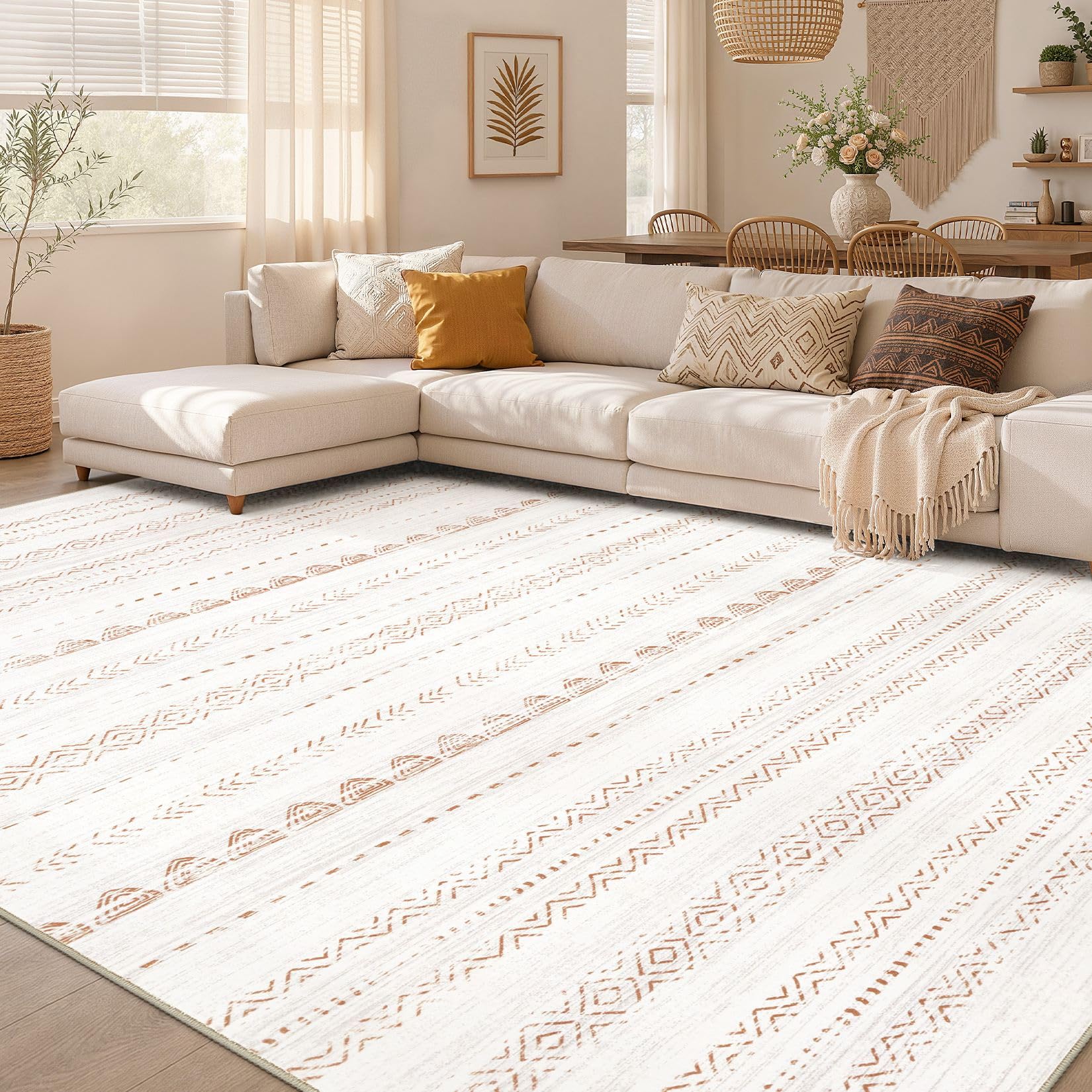 Nakagishi 7x10 Area Rug Living Room: Washable Boho Large Neutral Soft Farmhouse Modern Rugs Stain Resistant Moroccan Non-Slip Indoor Floor Carpet for Bedroom Nursery Kids Playroom Office Dining Room