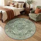 RELEANY Area Rugs 4ft Washable Non-Slip, Floral Vintage Distress Print Pattern Medallion Carpet for Living Room Bedroom Dining Room, Dark Green Gray