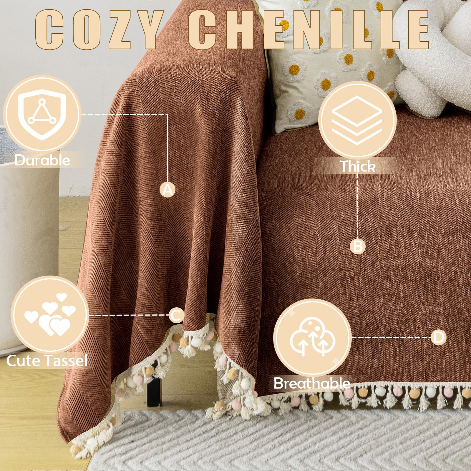 HANDONTIME Boho Style Sofa Cover with Tassels, Washable & Non-Slip Couch Cover for 3 Cushion Sofa, Herringbone Pattern Pet-Friendly Sofa Slipcover, Chocolate Color, 91"x134", Living Room Decor