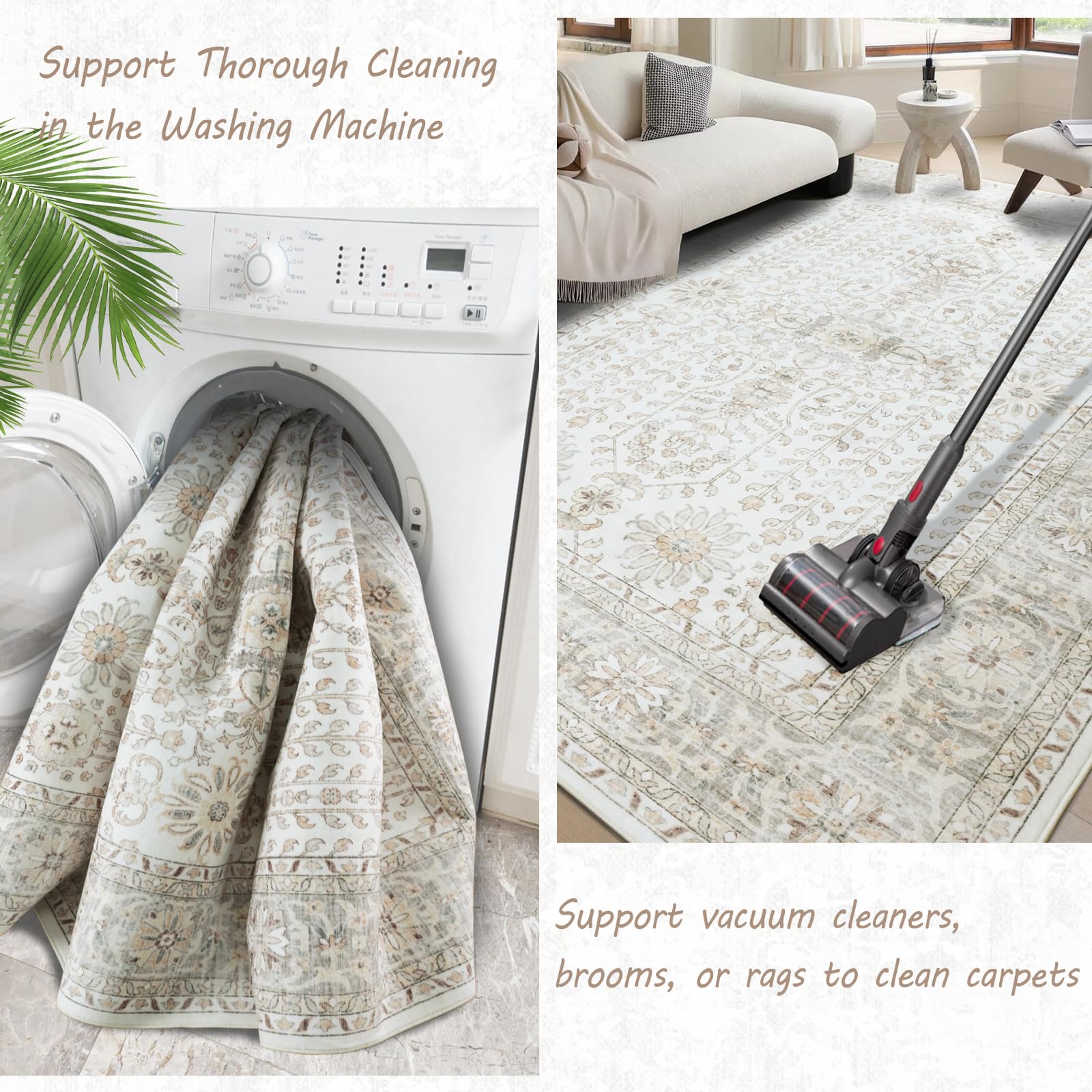 phonzenuo 7x9 Area Rugs for Living Room,Thin Washable Rug, Non-Slip Foldable Area Rug for Bedroom, Dining Room, Home Office, Cream