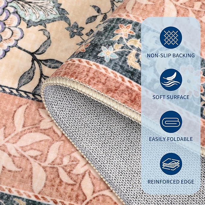 GarveeHome Terracotta Teal 8x10 Area Rugs for Living Room, Botanical Grove Cottagecore Washable Rug for Bedroom Dining Nursery Low-Pile Vintage Large Carpet