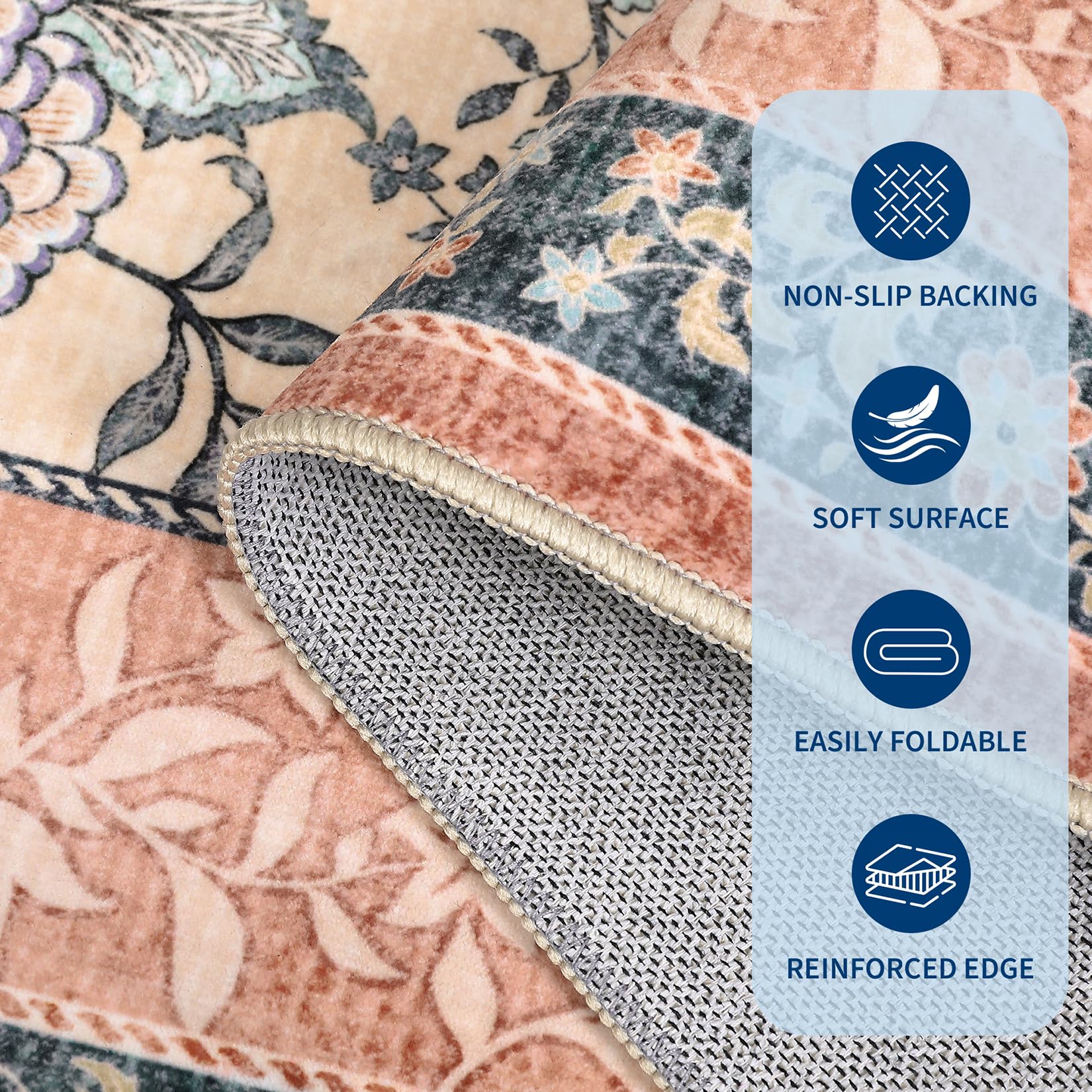 GarveeHome Terracotta Teal Washable 6x9 Area Rugs, Botanical Grove Vintage Cottagecore Non-Slip Rug for Living Room Bedroom Nursery Kitchen Low-Pile Retro Large Carpet