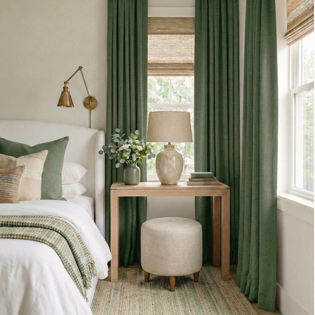 RYB HOME Olive Green 100% Blackout Linen Curtains 90 Inch Long for Office