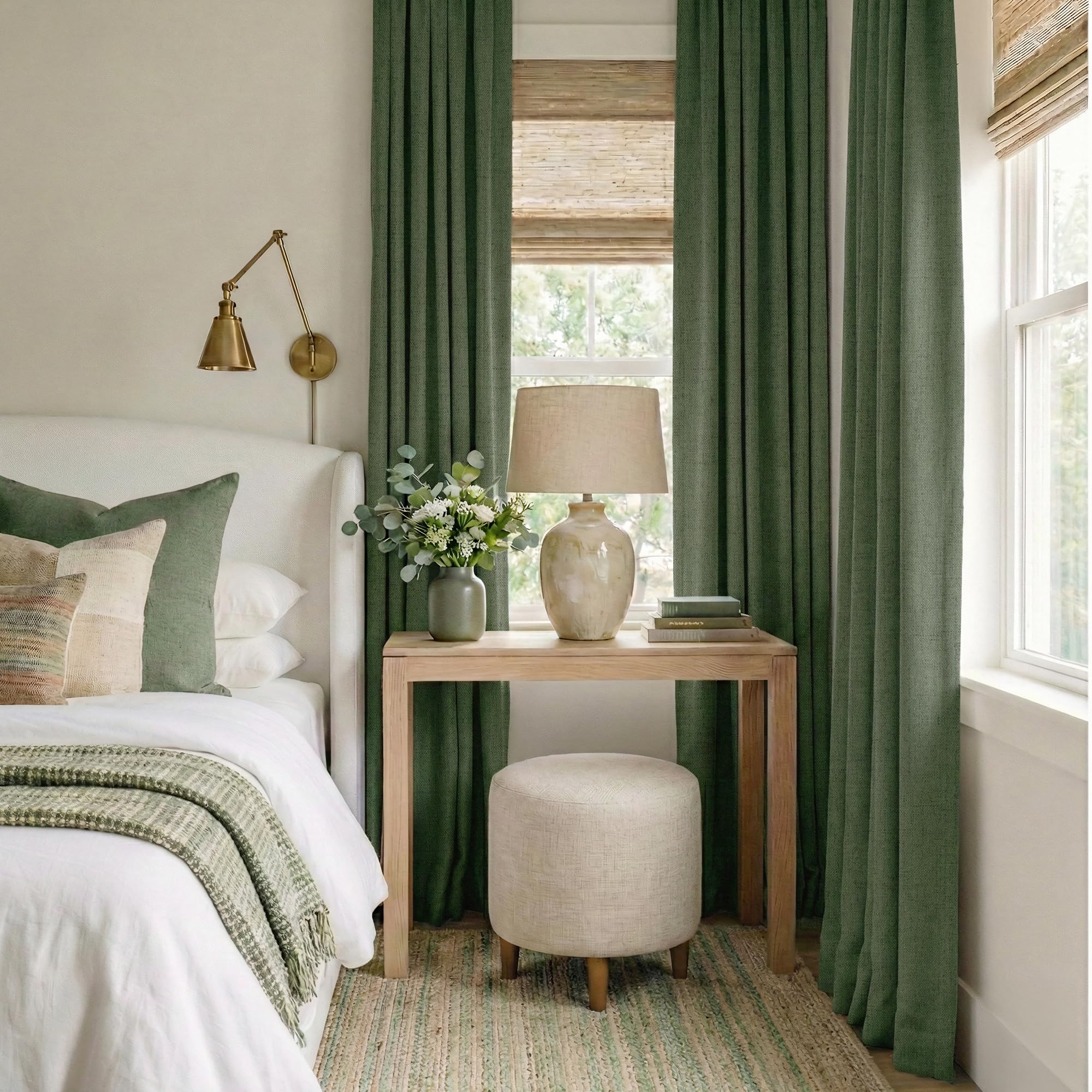 RYB HOME Olive Green 100% Blackout Linen Curtains 90 Inch Long for Office