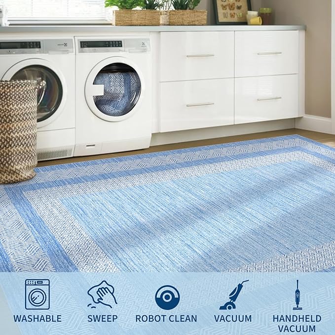 GarveeHome 8x10 Large Washable Area Rug Modern Bordered Distressed Geometric Floor Carpet, Soft Non Slip Low Pile Non Shedding Indoor Light Blue Carpet for Bedroom, Living Room