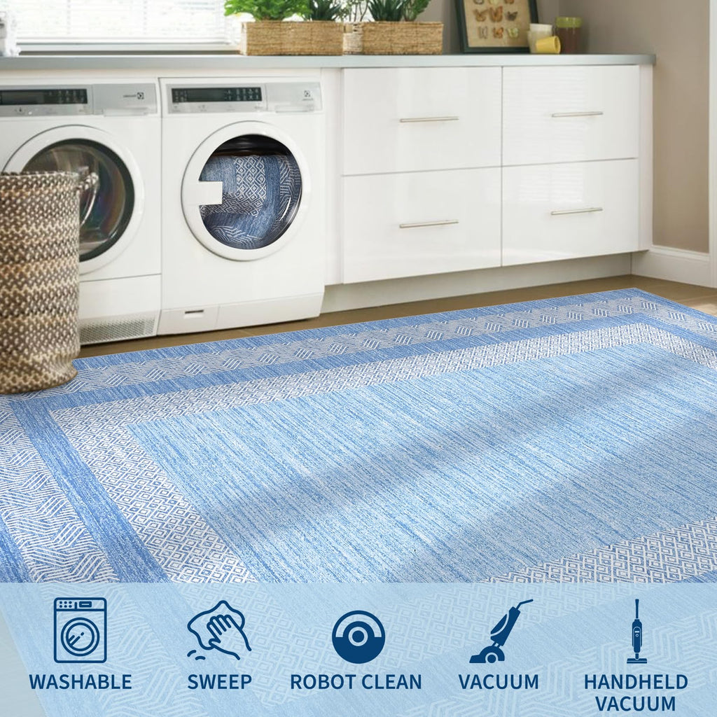 GarveeHome Modern Geometric Area Rug 5x7 Distressed Bordered Washable Non Slip Floor Carpet Non Shedding Thin Rug, Soft Low Pile Contemporary Light Blue Carpet for Dining Room, Living Room