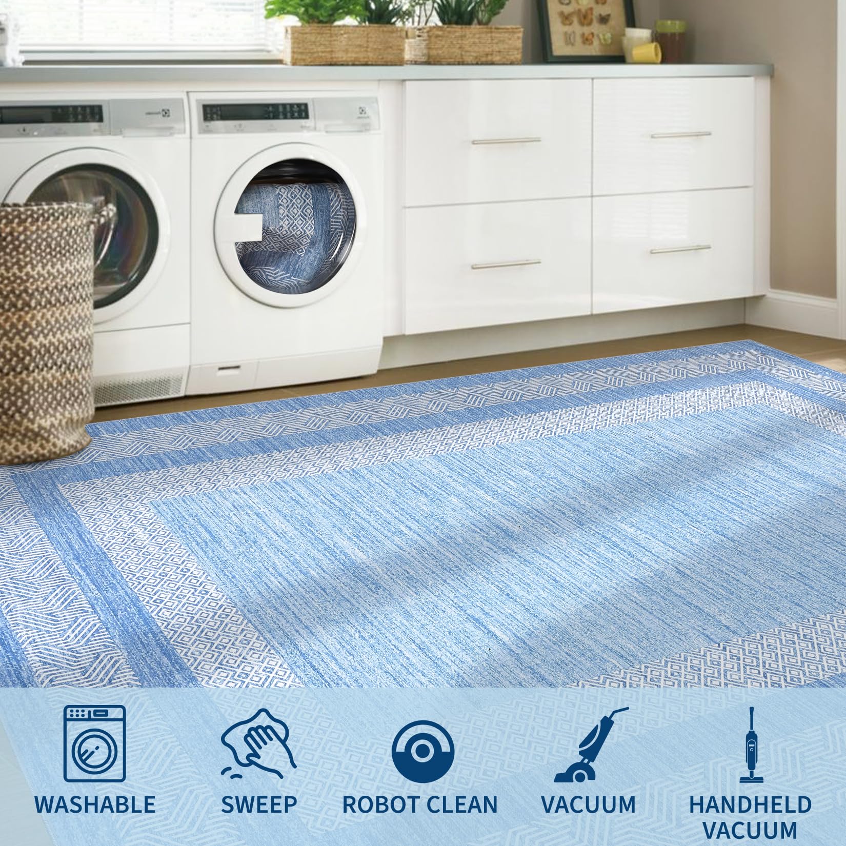 GarveeHome Modern Geometric Area Rug 5x7 Distressed Bordered Washable Non Slip Floor Carpet Non Shedding Thin Rug, Soft Low Pile Contemporary Light Blue Carpet for Dining Room, Living Room