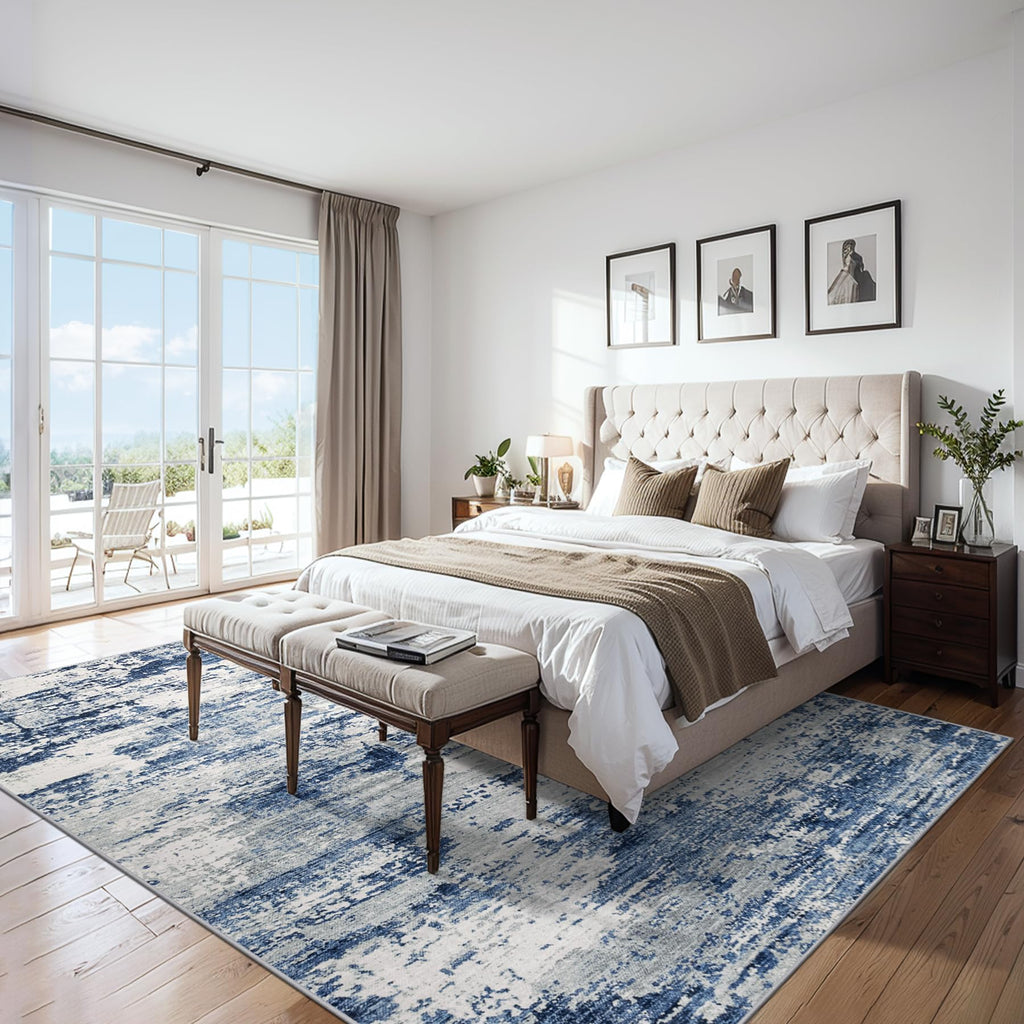 PLHXFR Area Rug Living Room: 4x6 Abstract Washable Carpet Blue Gray