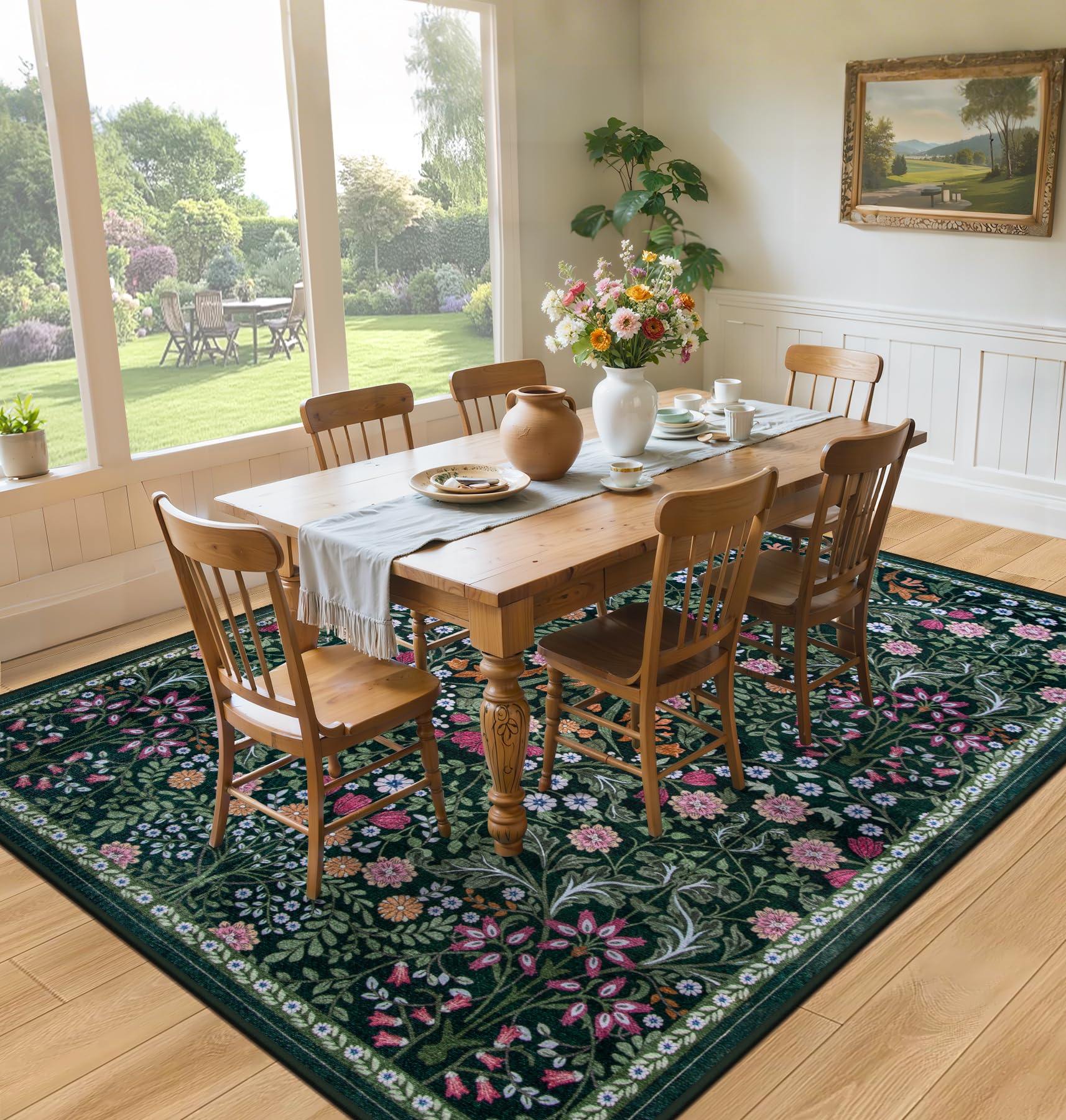PLHXFR Area Rug Living Room: 4x6 Floral Washable Boho Carpet Dark Green