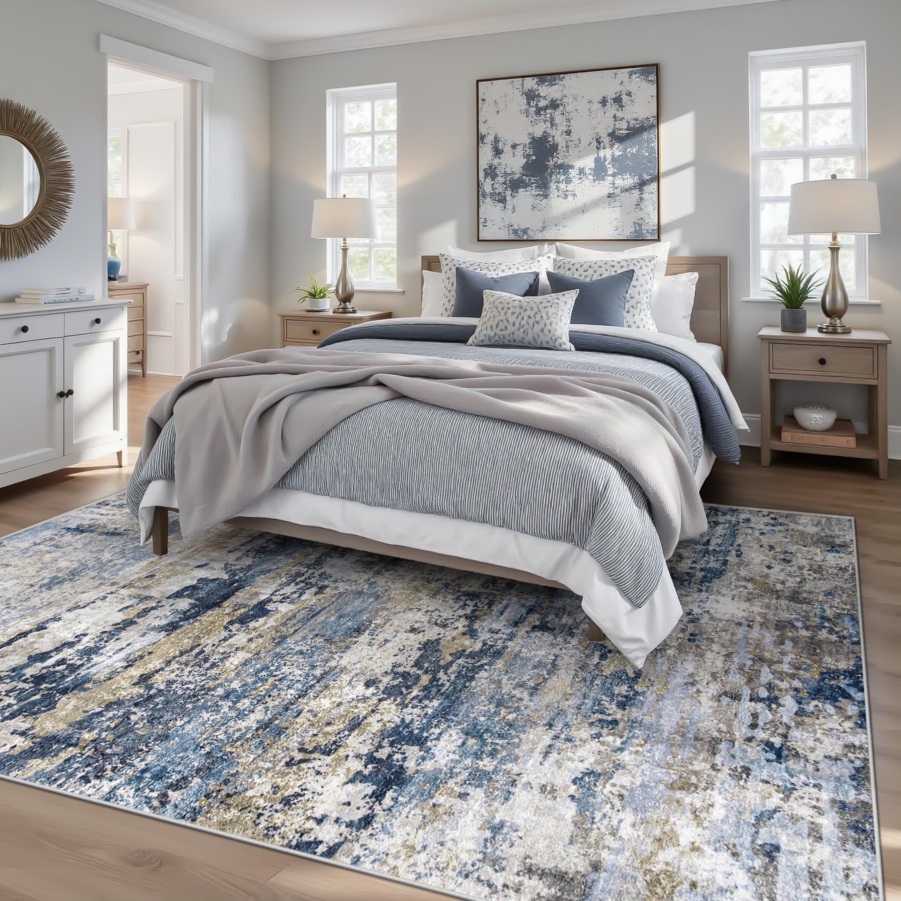 pmtsns Area Rugs 6x9 for Living Room: Washable Rug Modern Abstract Neutral Soft Non-Slip Low-Pile Indoor Carpet for Bedroom Dining Room Playroom Home Office (Blue Grey Brown, 6'x9')