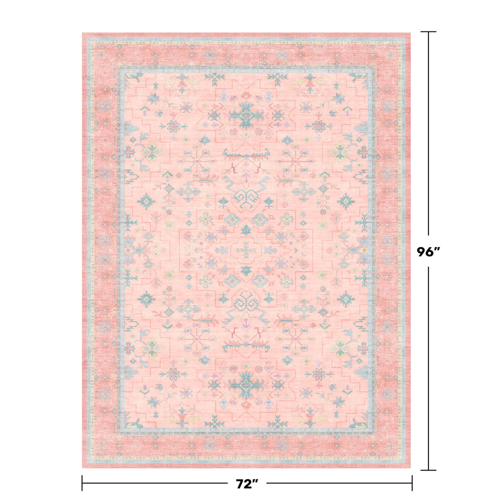 Washable Pink and Blue 6x8 Boho Rugs for Bedroom Girls, Living Room Kids Playroom Nursery Room, Modern Floral Distressed Design, Soft Low Pile Non Slip Stain Resistance Carpet