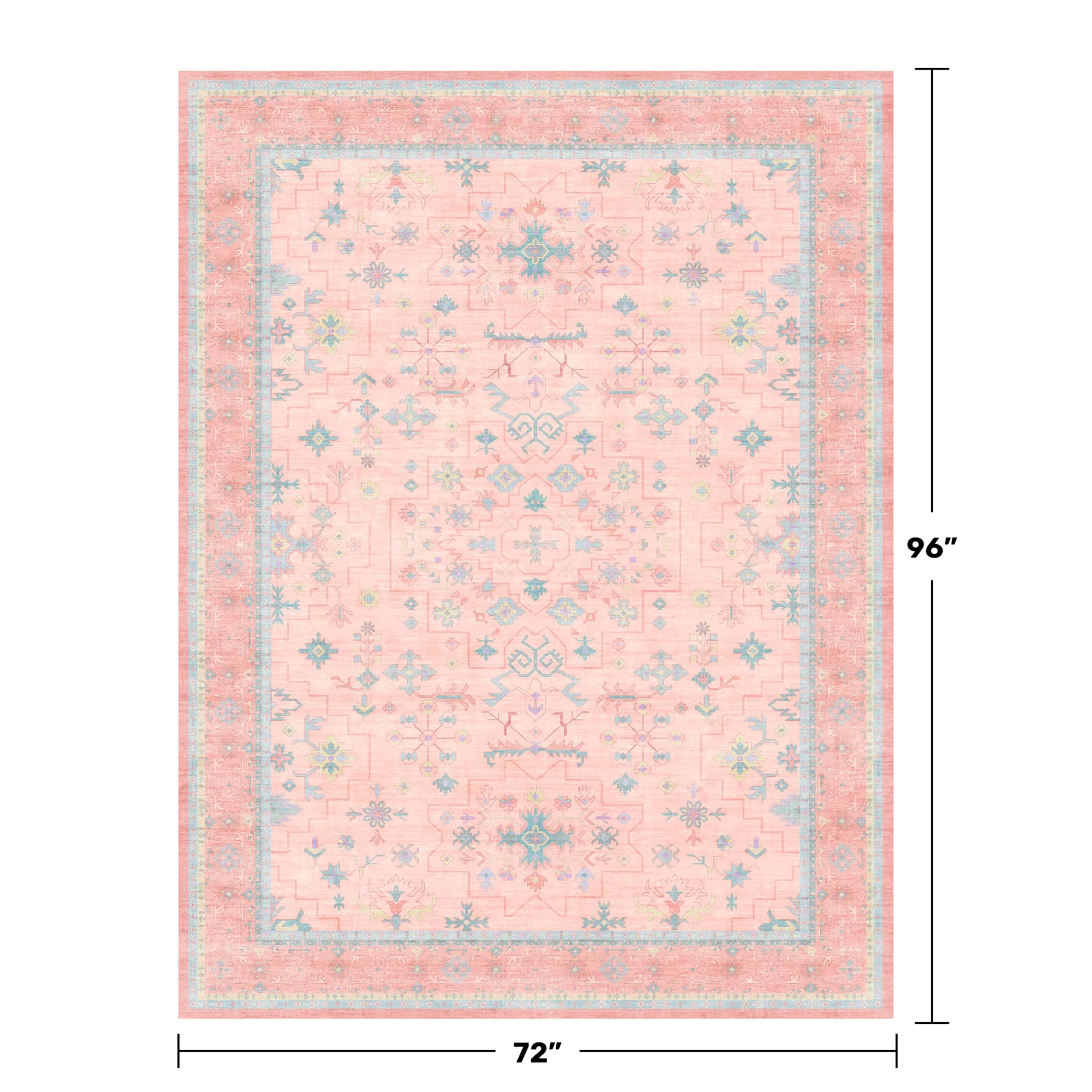 Washable Pink and Blue 6x8 Boho Rugs for Bedroom Girls, Living Room Kids Playroom Nursery Room, Modern Floral Distressed Design, Soft Low Pile Non Slip Stain Resistance Carpet