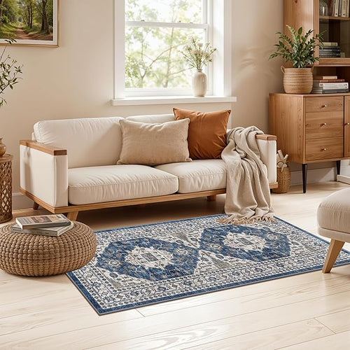 2x4 Non-Slip Entryway Area Rugs: Washable Stain Resistant Kitchen Carpet Printed Doormat Soft Low Pile Nursery Rug Vintage Small Floor Mat for Hardwood Bedroom Cozy Home Decor fot Family(2x4,Blue)