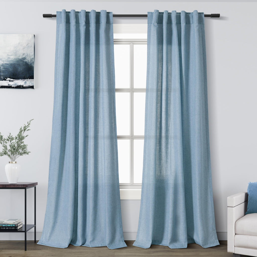 Nanspring Blue Boho Curtains for Bedroom Back Tab Rod Pocket Semi Sheer Linen Curtains 90 Inches Long 2 Panel Set Light Filtering Neutral Dusty Blue Farmhouse Drapes for Living Room 40x90 Inches