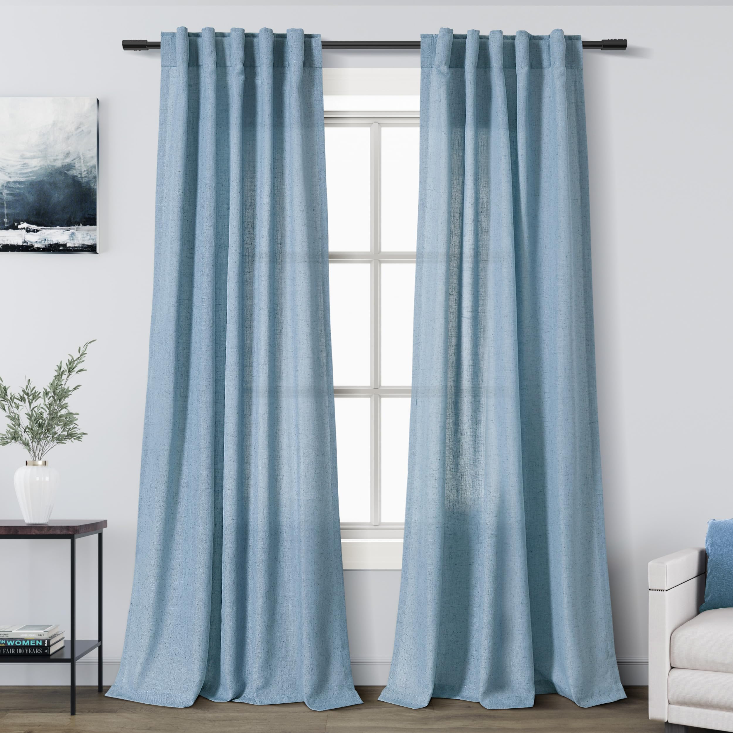 Nanspring Blue Boho Curtains for Bedroom Back Tab Rod Pocket Semi Sheer Linen Curtains 90 Inches Long 2 Panel Set Light Filtering Neutral Dusty Blue Farmhouse Drapes for Living Room 40x90 Inches