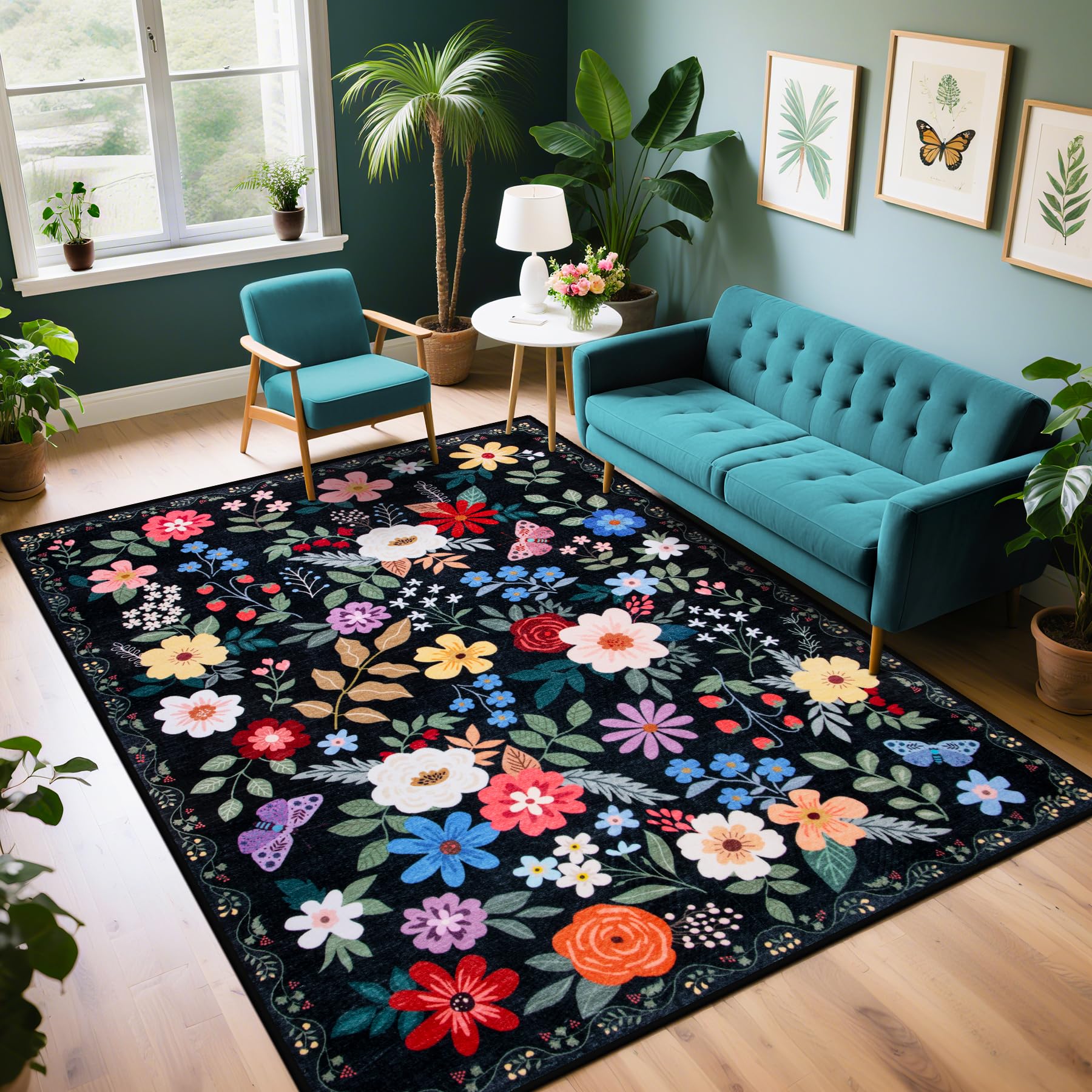 PLHXFR Area Rug Living Room: 4x6 Floral Washable Boho Soft Carpet Black