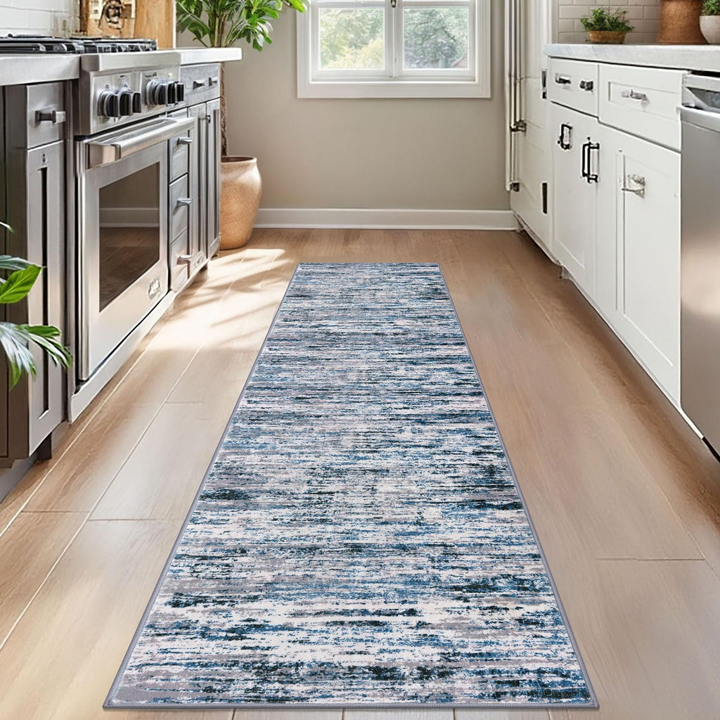 Lansny Modern Abstract Bedroom Runner Rug 2x7, Grey Blue White Washable Kitchen Runner, Non-Slip Soft Thin Faux Wool Mat for Entryway, Hallway, Laundry Room, Indoor Home Decor