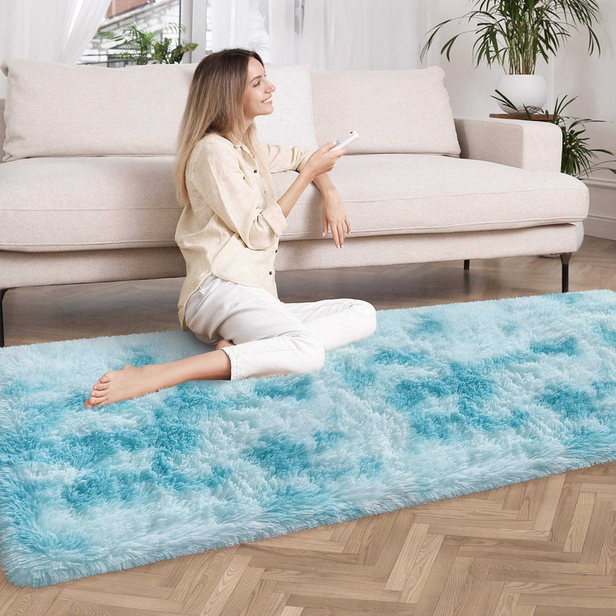 Tie-Dyed Sky Blue 2x6 Machine Washable Runner Rugs for Hallway Soft Fluffy Shaggy Bedside Rugs for Bedroom Living Room Indoor Floor Carpet for Kids Girls and Boys Nursery Rooms Home Decor Aesthetic