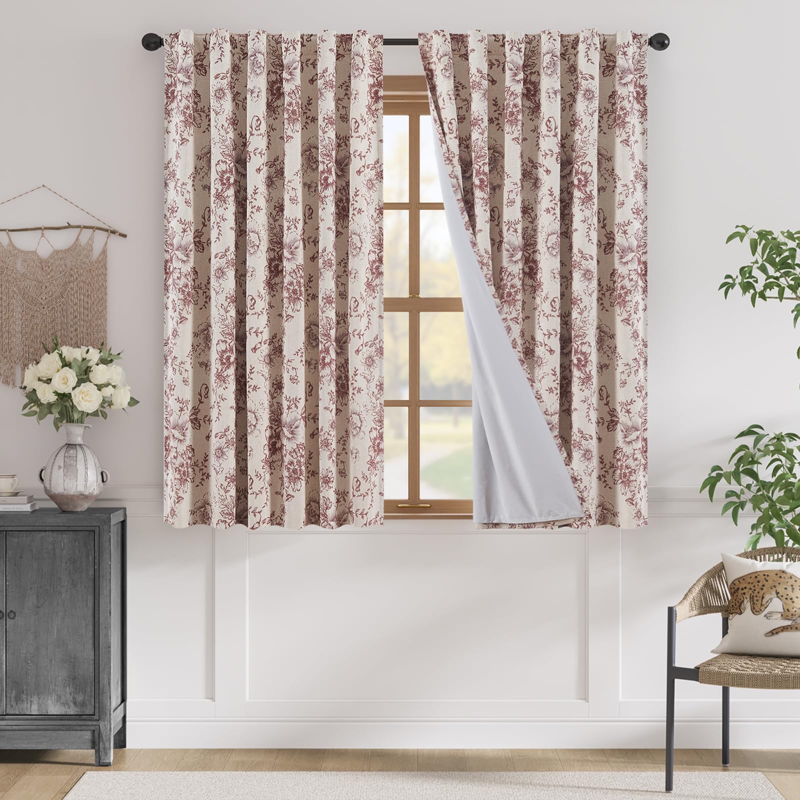 jinchan Floral Linen Blackout Curtains for Bedroom 63 Inches Long