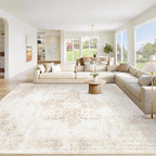 VECARF Area Rug 10x12 Washable Rug, Vintage Boho Medallion Rugs Non-Slip Soft Low Pile Large Distressed Rug Indoor Retro Carpet for Living Room Bedroom Dining Room Home Office (Beige, 10'x12')